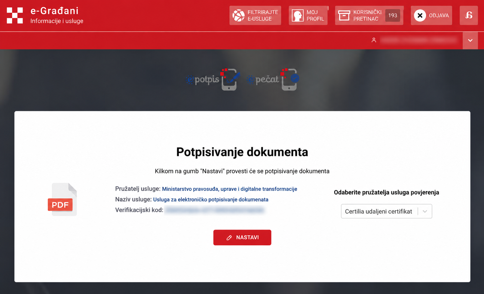 RDD after sign-in, with the Nastavi (Continue) button.